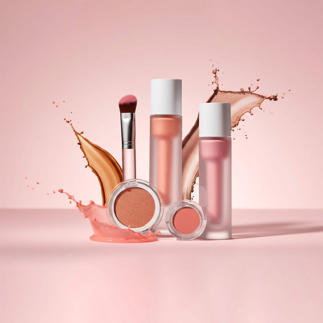 Makeup bottles, compacts and brushes with liquid splashes artistically arranged. 
