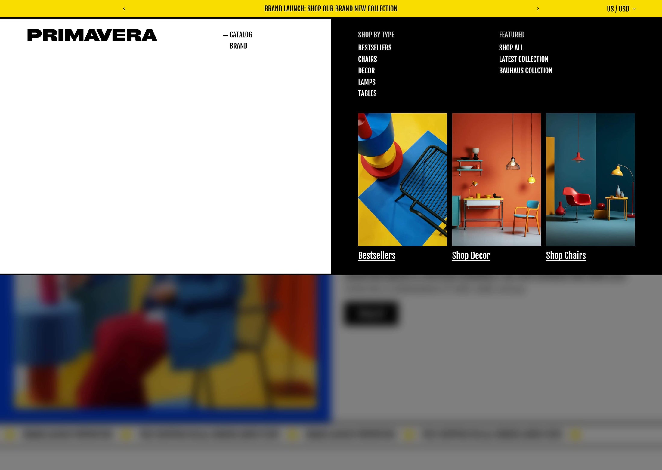 Primavera Composition mega menu with image blocks, a bold Brutalist colorful furniture store.