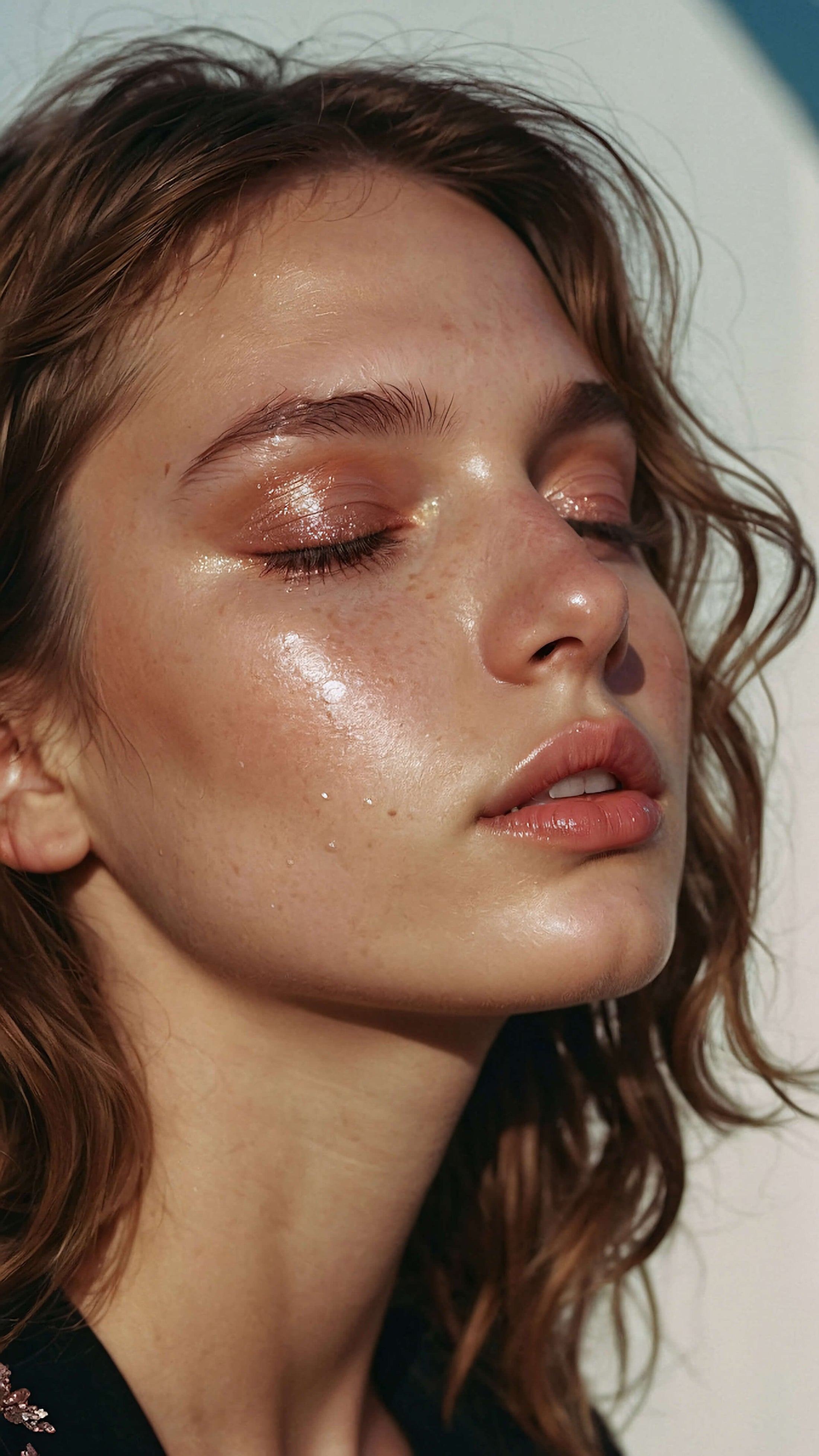 Glowing model with red hair, freckles and metallic eyeshadow bathes in sunlight, eyes closed.