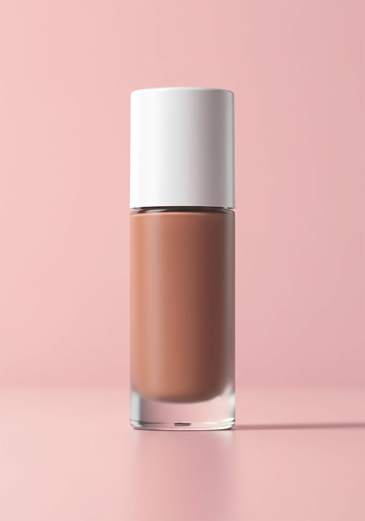 A bottle of medium-dark foundation in frosted glass pump bottle with a white plastic lid. 