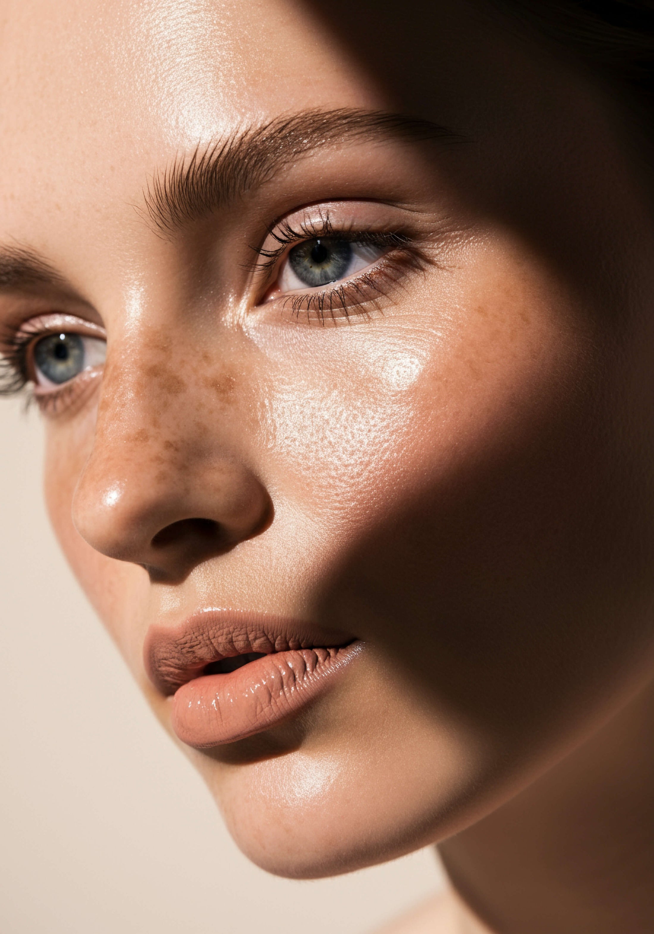 Close-up of a model with glowing skin, freckles and light make-up looking to the side.