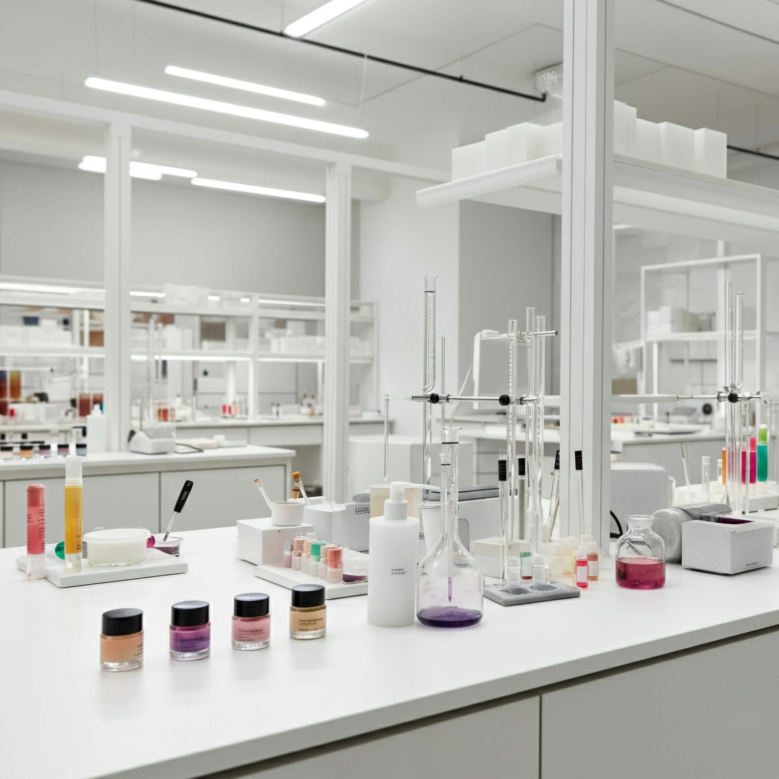 A clean, white cosmetics lab.