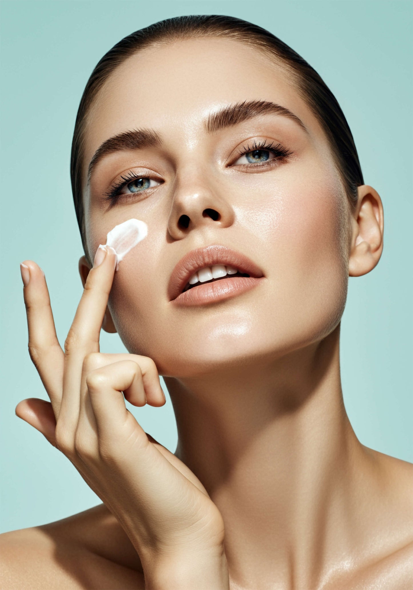 Woman applies a thick cream to her face.