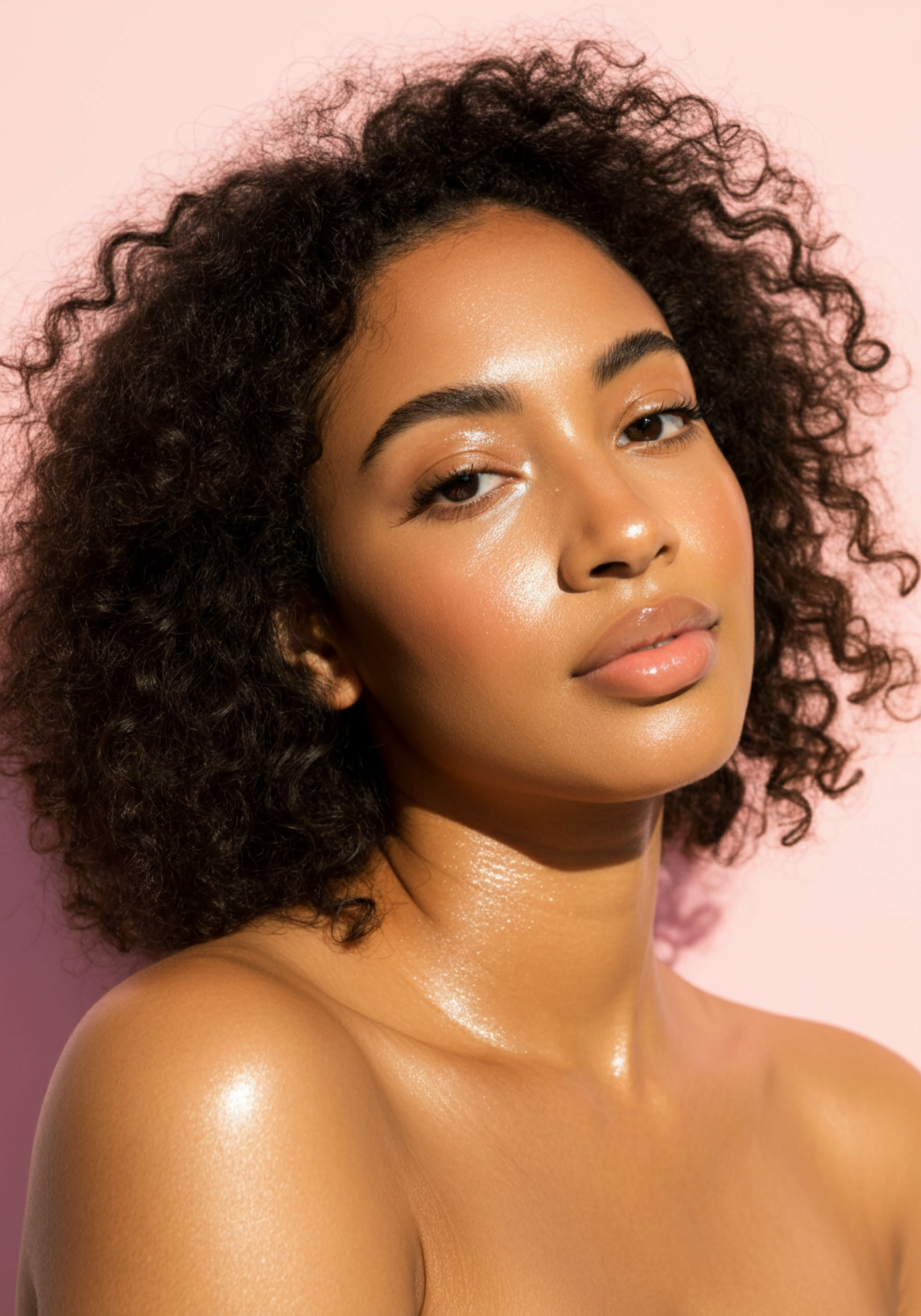 A woman with natural curls and glowing skin looks at the camera.
